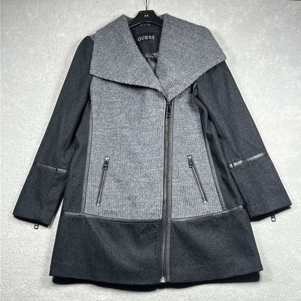 Guess Coat Womens Medium Gray Black Zip Up Shawl Neck Wool Blend Winter